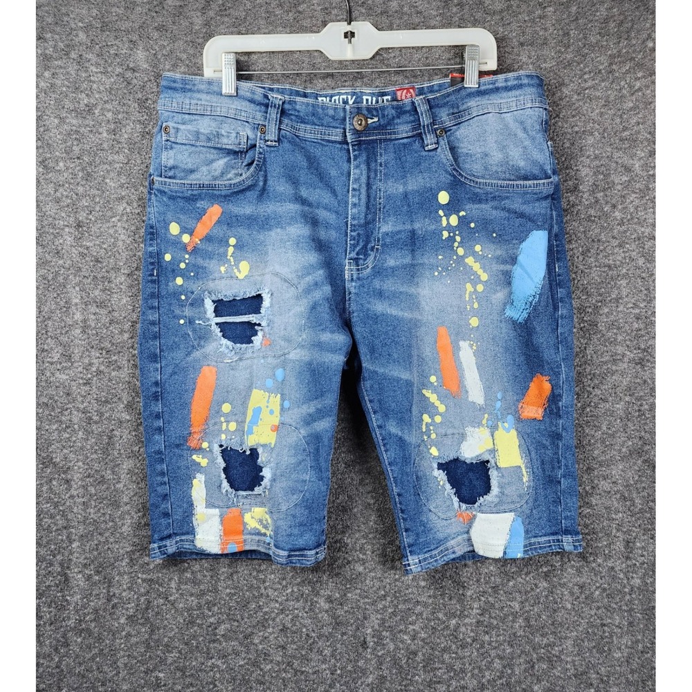 Black Pike Denim Shorts Mens 38 Blue Paint Splatter Distressed Streetwear NWT